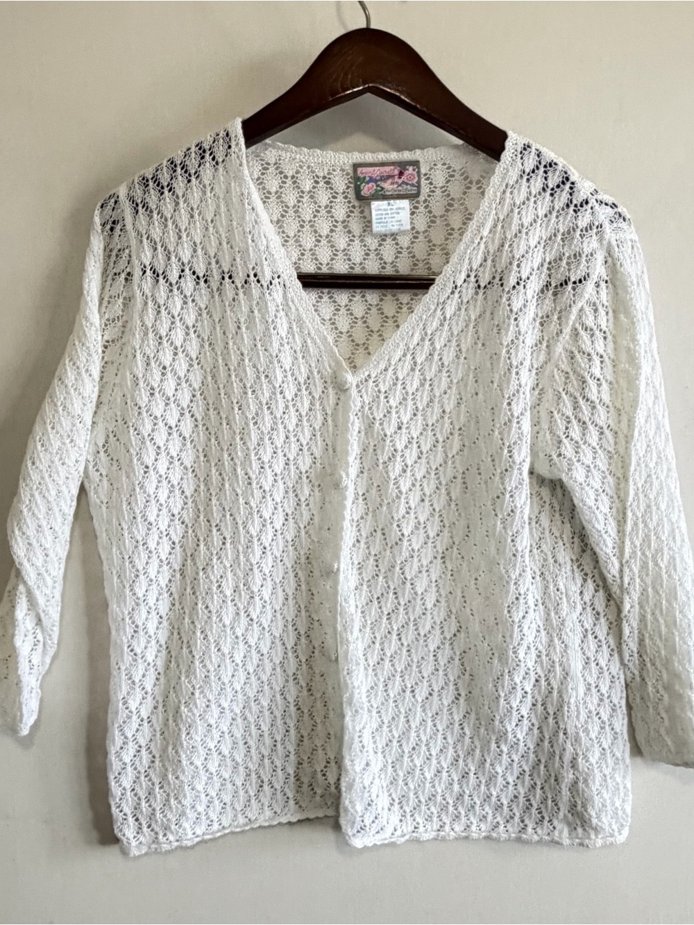 Vintage April Cornell Crochet Cardigan Women’s XL White Cottagecore Boho 90s